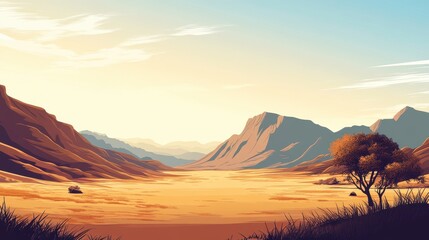 Serene Desert Valley Landscape Under Sunset Sky