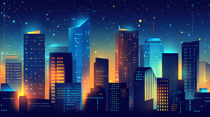 A vibrant cityscape at night featuring illuminated skyscrapers with blue and orange lights, showcasing urban architecture and nightlife. Nightglow. Illustration