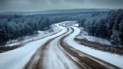 Winding snowy road through winter forest.