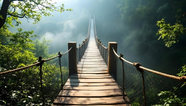 A long wooden suspension bridge that crosses over a misty, forested valley. The bridge has iron railings on both sides. - Powered by Adobe