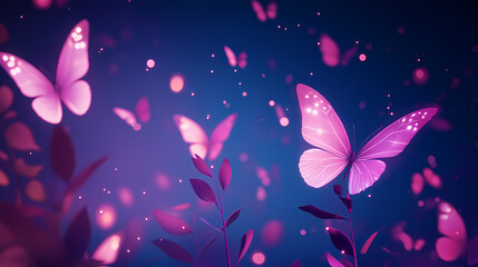 Beautiful butterflies fluttering in the air, glowing pink and purple lights against a dark blue background, creating a dreamy atmosphere. Nightglow. Illustration