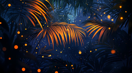Dense foliage with glowing particles suspended in air, glowing particles, soft focus effect, magical forest. Nightglow. Illustration
