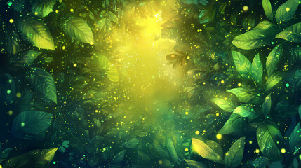 Dense foliage with glowing particles suspended in air, glowing particles, soft focus effect, magical forest. Nightglow. Illustration