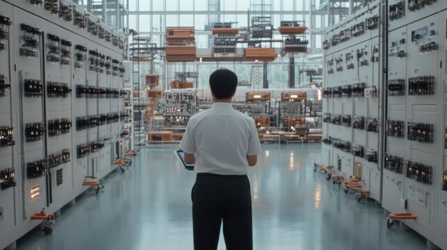 A person stands in a high-tech data center, surrounded by illuminated servers, epitomizing the digital age's complexity.