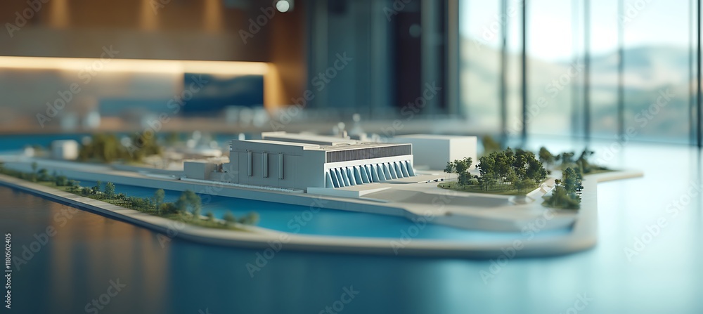 Poster a compact hydro power station model on a table with a blurred background of engineers working in an 