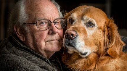 An elderly man with glasses affectionately posing with a loyal golden retriever, showcasing the special bond between humans and their pets in a warm indoor setting.