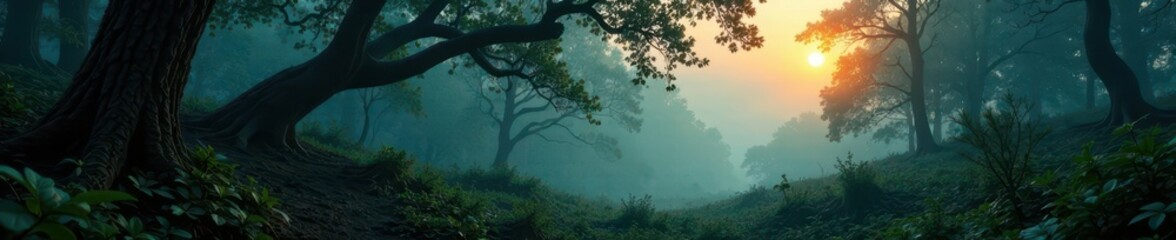Obraz premium Dark forest with overgrown foliage and twisted tree branches overlaying a misty landscape at dawn, twilight, scenery, trees