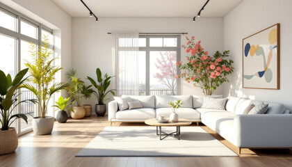 Fototapeta premium Modern japandi living room with large windows, a white sectional sofa, and various potted plants.