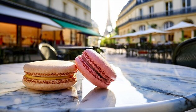macarons on a marble cafe table in paris