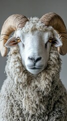 Close-up portrait of a majestic ram with large horns and thick fleece against a neutral background.