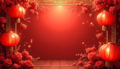 Red background with red lantern frame and fluttering Chinese ornaments. Concept of celebrating Chinese New Year