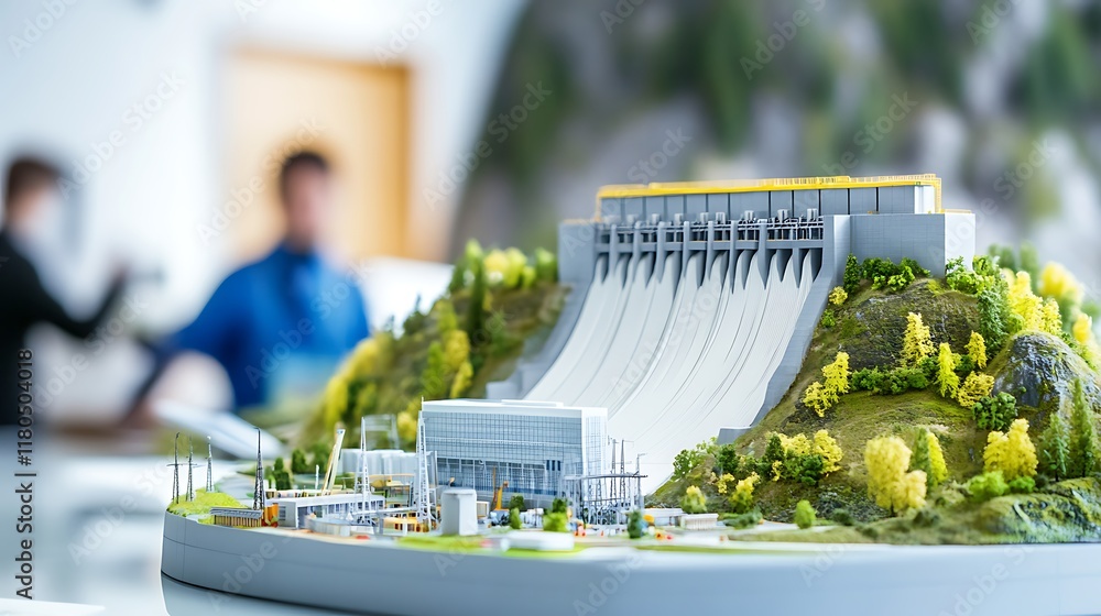 Poster miniature hydro power station displayed on a table in an office environment with blurry engineers vi