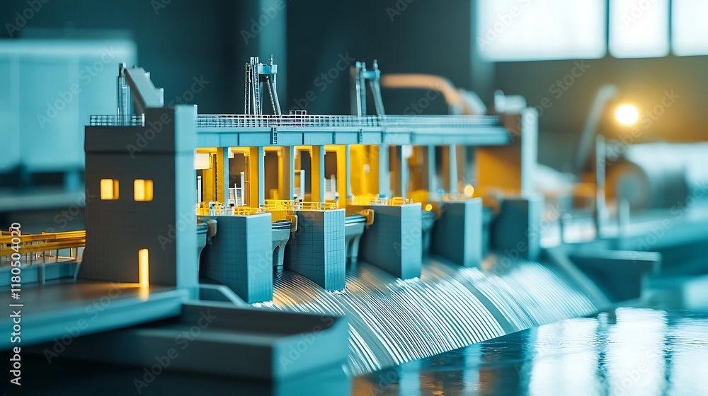 Poster a hydro power station model placed on a table in an office with a blurred background and engineers w
