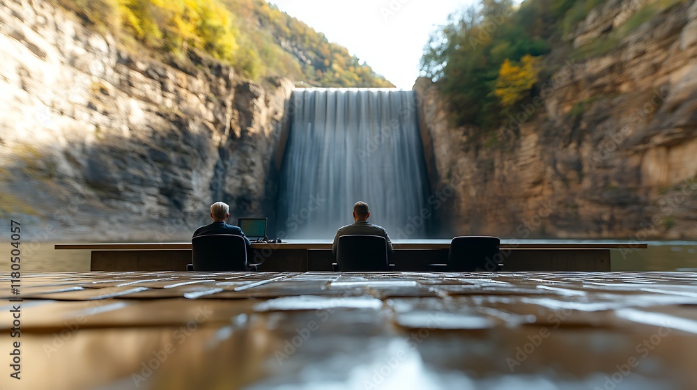 Poster a hydro power station model placed on a table in an office with a blurred background and engineers w