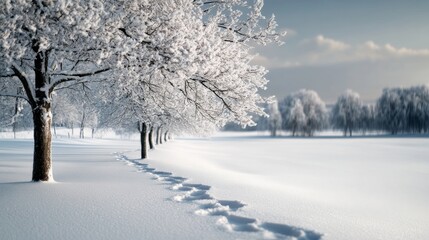 Obraz premium Snow-capped trees bask in gentle winter sunlight, casting long shadows on the pristine ground, creating a striking contrast of light and dark.