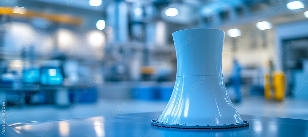 Poster a model of a nuclear power plant displayed on a table in an office with a blurred scene of engineers