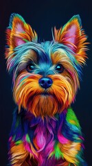 Colorful yorkie dog portrait with vibrant paint splash effect.