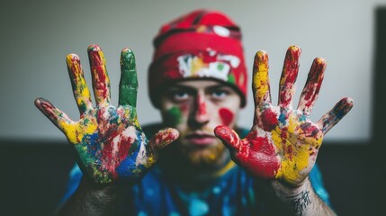 Fototapeta premium A colorful portrait of a person with painted hands, showcasing creativity and artistic expression, wearing a red beanie.