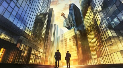 Fototapeta premium Ambitious Cityscape: Silhouetted Figures Amidst Modern Architecture