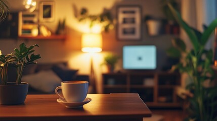 Fototapeta premium Cozy room with coffee cup on table at night.