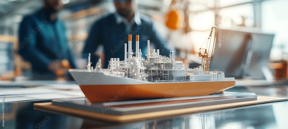 Aufkleber office engineers working in the background, with a sugar mill model displayed on a table.