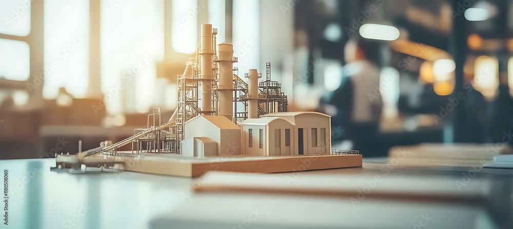 Poster office engineers working in the background, with a sugar mill model displayed on a table.