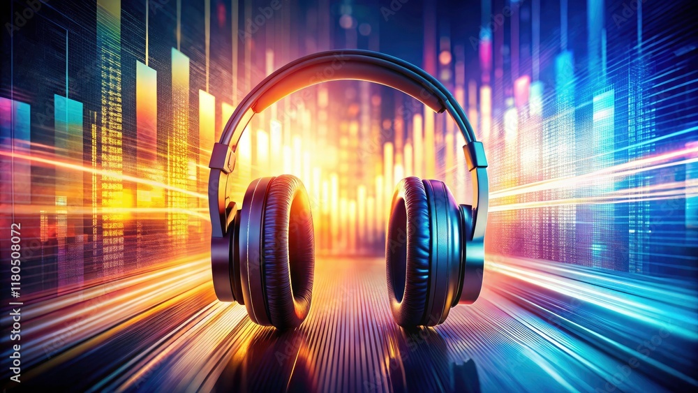 Poster headphones and dynamic lines intertwine in a double exposure, forming an abstract music backdrop.