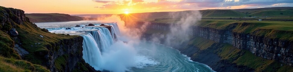Fototapeta premium Misty waterfalls cascading down rugged cliffs at dawn, landscape, cliff