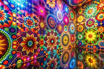 Groovy 70s long exposure photo; colorful mosaic, vintage vibe.