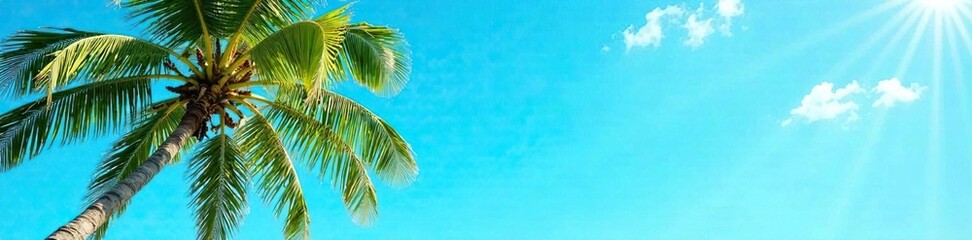 Palm trees sway gently in the warm breeze against a bright blue canvas, palm tree, tropical, serene