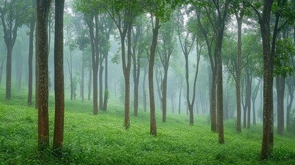 Obraz premium Tall trees stretch into a misty sky over a lush green meadow, creating a tranquil forest scene that evokes serenity and mystery.