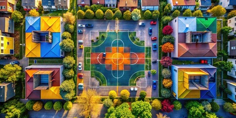 Fototapeta premium Long-exposure aerial shot: a colorful, geometrically designed basketball court, showcasing modern urban aesthetics.