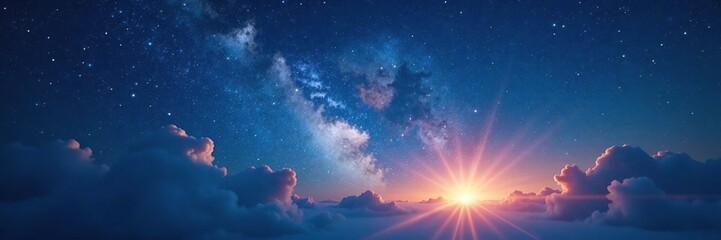 Naklejka premium Radiant stars against a dark blue canvas with a hint of sunrise, clouds, light, stars