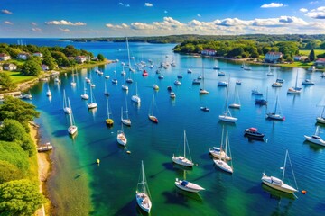 Massachusetts' Falmouth Harbor: a breathtaking aerial panorama of sailboats at anchor.