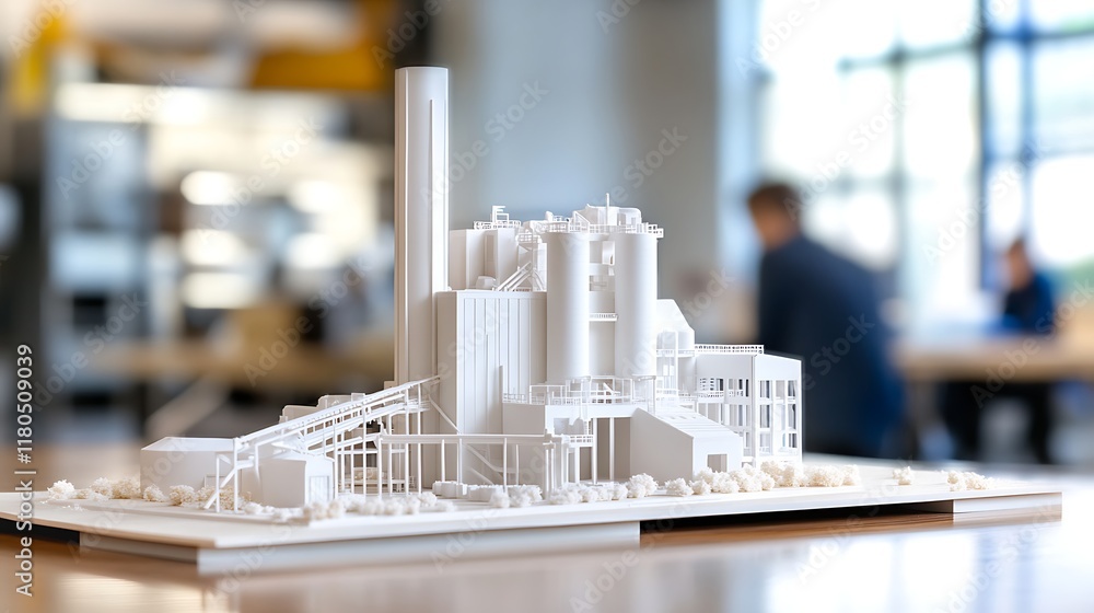 Poster a detailed sugar mill model displayed on a table, surrounded by an office setup with engineers in th