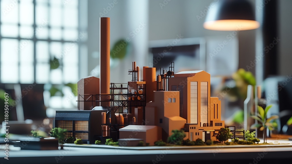 Poster a detailed sugar mill model displayed on a table, surrounded by an office setup with engineers in th
