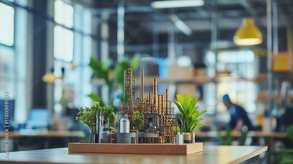 Poster a detailed sugar mill model displayed on a table, surrounded by an office setup with engineers in th