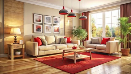 Modern home décor with a red rug accents a beige sofa and light wood furniture in a cozy living room.