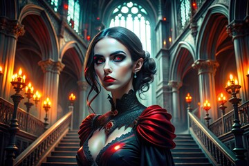 Mysterious vampire queen, red eyes burning, a Gothic portrait amidst a shadowy palace.