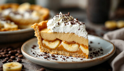 Slice of banoffee pie with creamy layers, garnished with chocolate, in a cozy setting.