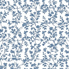 This vintage French blue floral digital paper features a seamless pattern on a white background