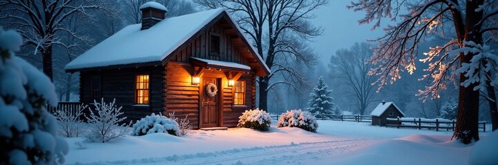 Snowy trees and twinkling lights at a rustic farmhouse doorway, snow covered doors, snowy yard, frosty landscape