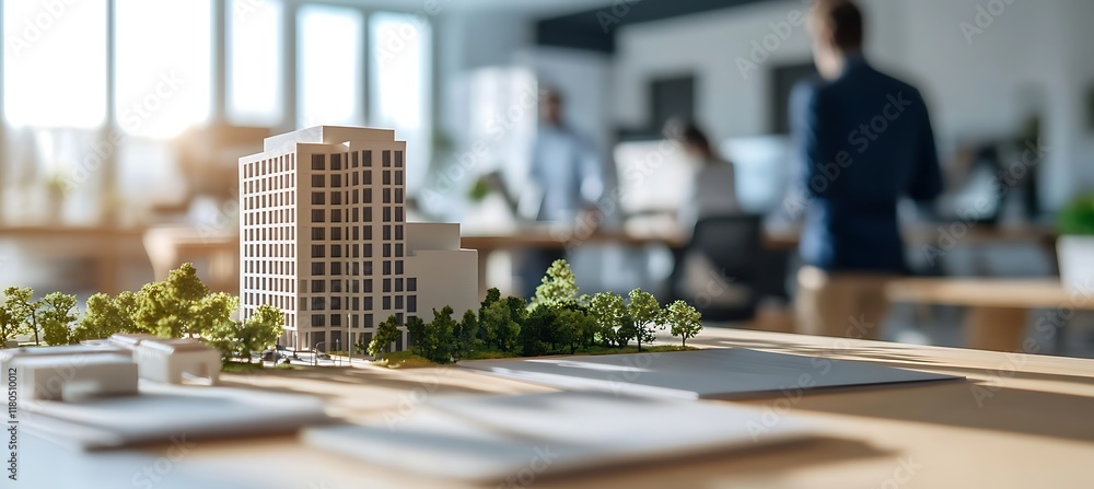 Poster office table holding a detailed textile mill model, with engineers in the background softly blurred.