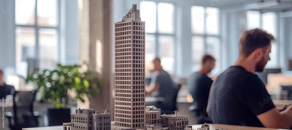 Poster engineers visible in the background of an office, with a textile mill model on a table in focus.
