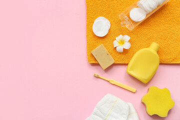 Composition with different bath accessories for baby on pink background