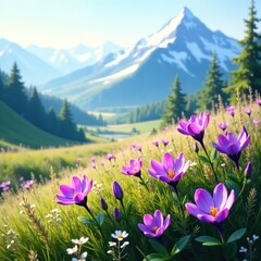 Fototapeta premium Soft petals of purple wildflowers sway in the gentle breeze, snow capped, landscape