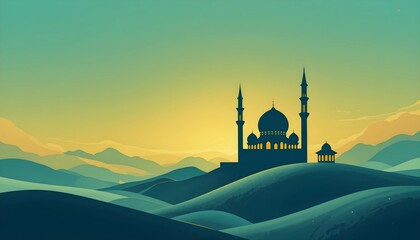 illustration flat Mosques Silhouette Against a Misty Mountain Landscape