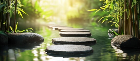 Stepping stones in a tranquil pond with bamboo and sunlight in the background.