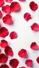 Soft red rose petals scattered around a white background with studio light, background, organic