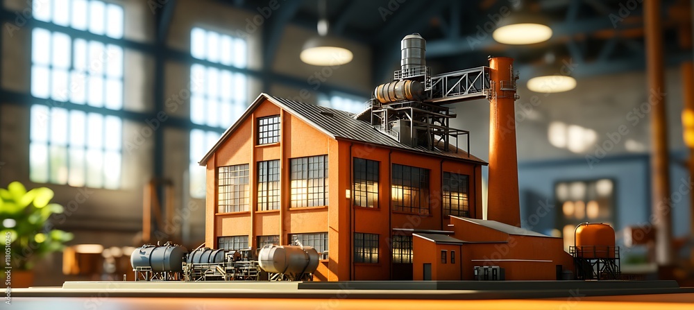 Poster a textile mill model placed neatly on a table, office background slightly blurred with engineers.